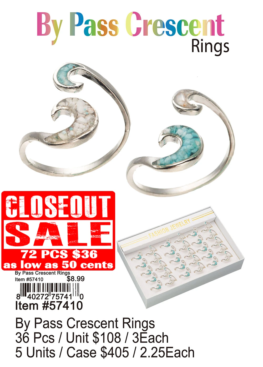 By Pass Crescent Rings - Closeout 72 Pcs.